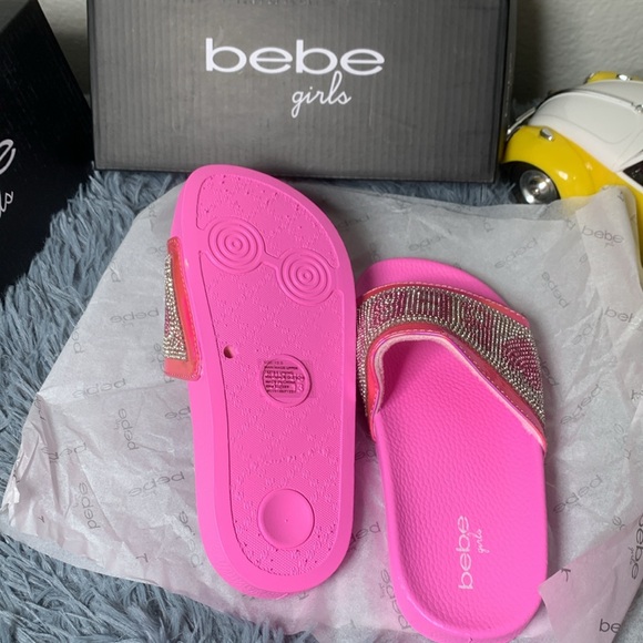 Bebe Girls’ Slip-On Slide Sandals with Rhinestone Logo Strap, Pink - Picture 4 of 5